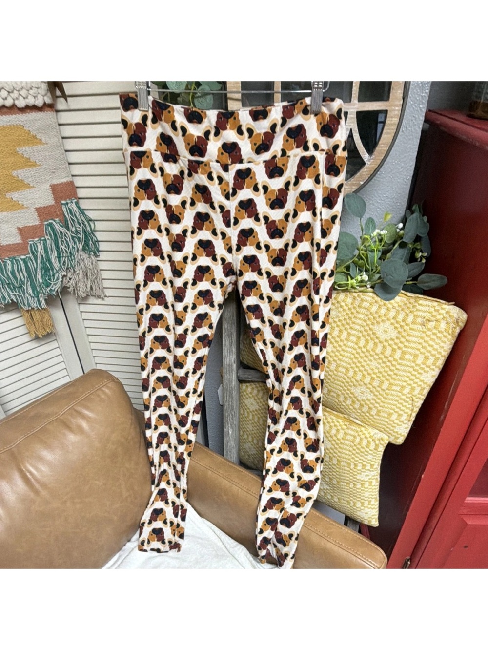 LuLaRoe Cream Leggings with Brown and Black Dog Pattern
